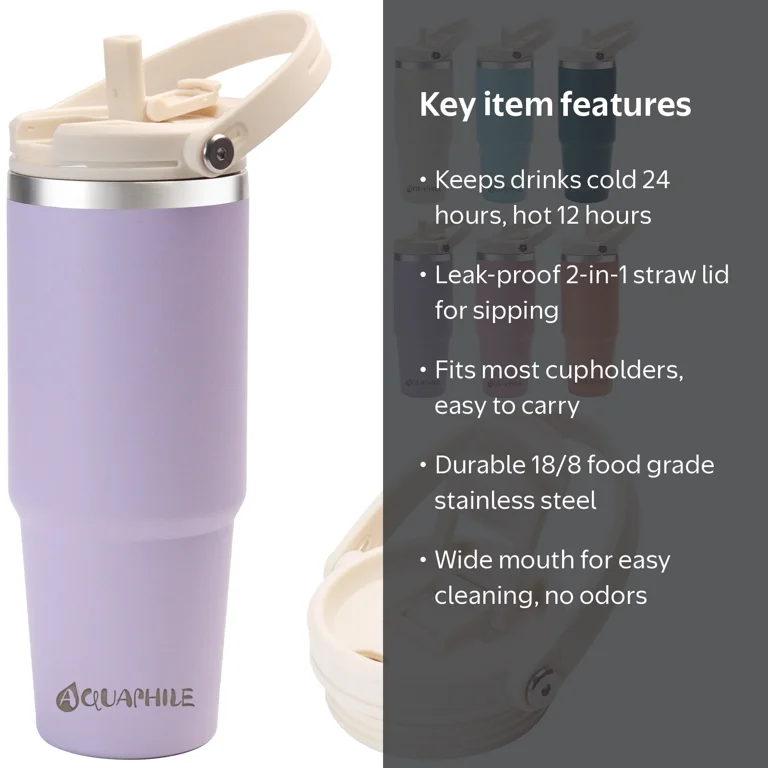 AQUAPHILE 30 oz Insulated Stainless Steel Water Bottle, Lavender