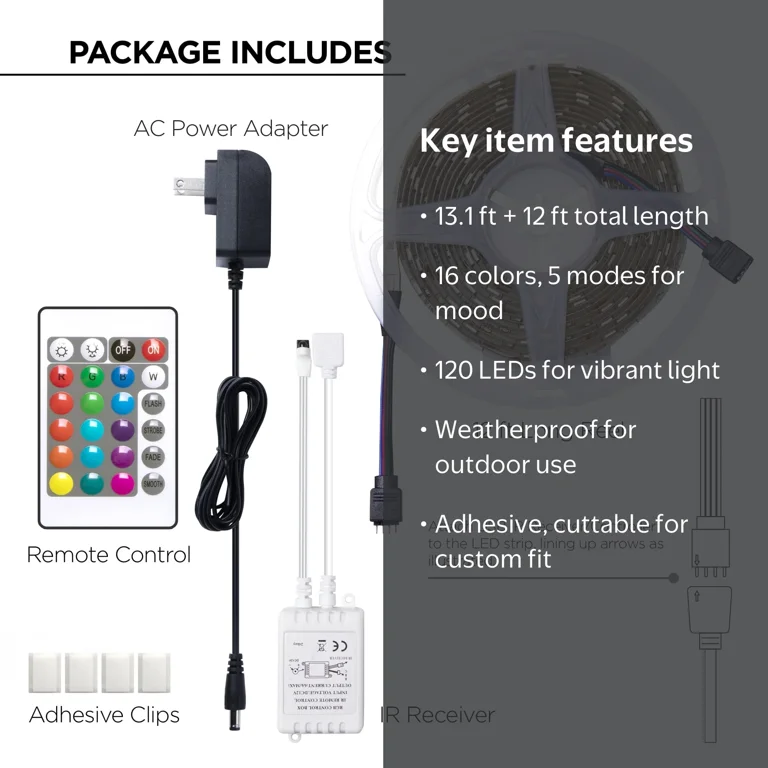 Merkury FlexGlo XL 13.1ft RGB LED Strip Light, Weatherproof, 24key