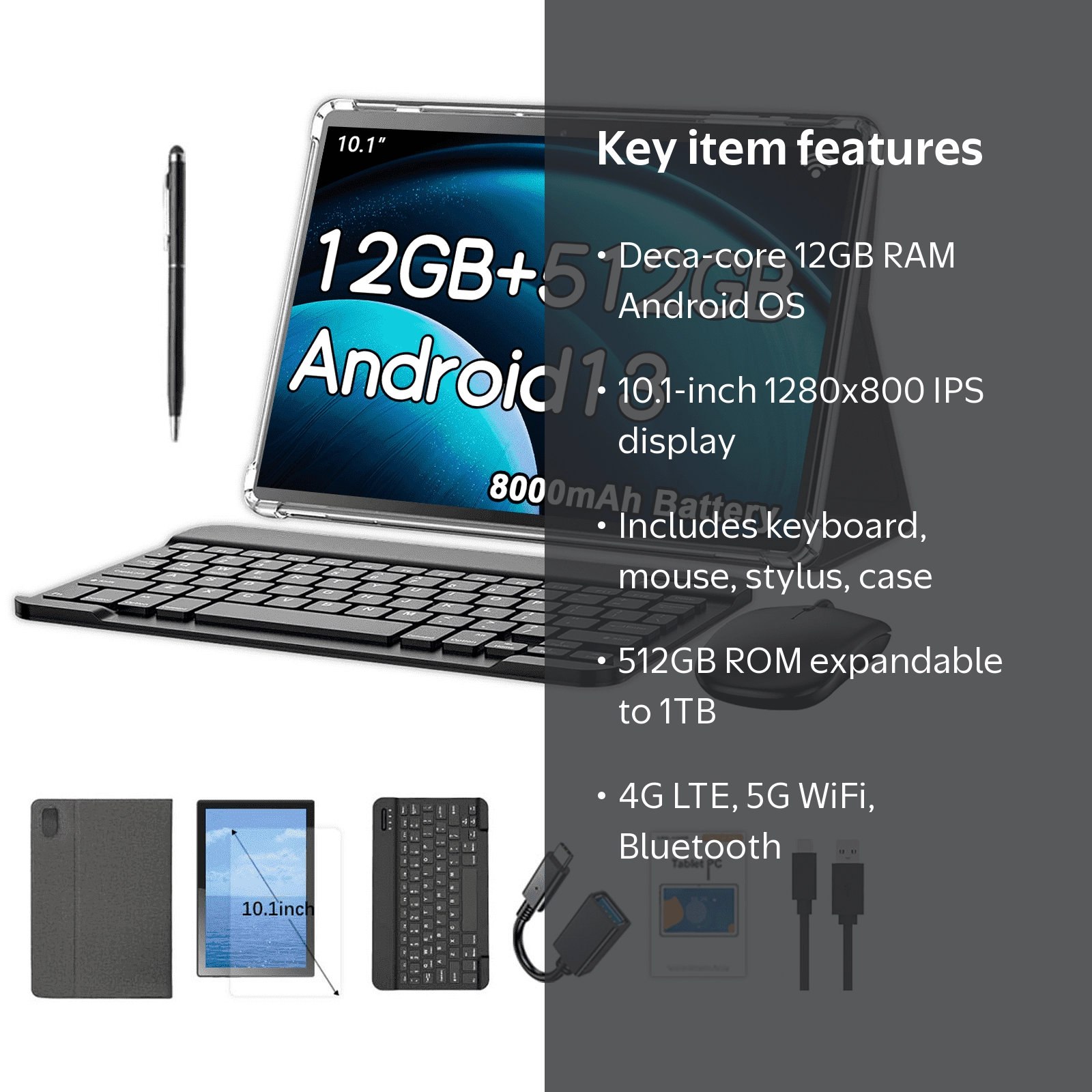 Crelander, Android Tablet, 10.1 Inch, 12GB RAM, 512GB ROM