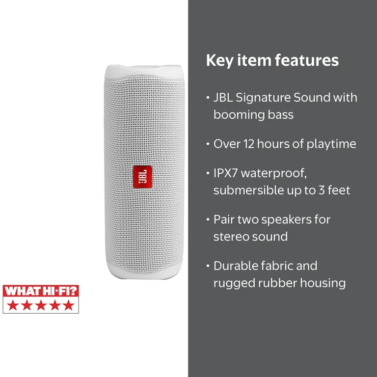 JBL Flip 5 - Portable Waterproof Speaker - White, 12 Hours