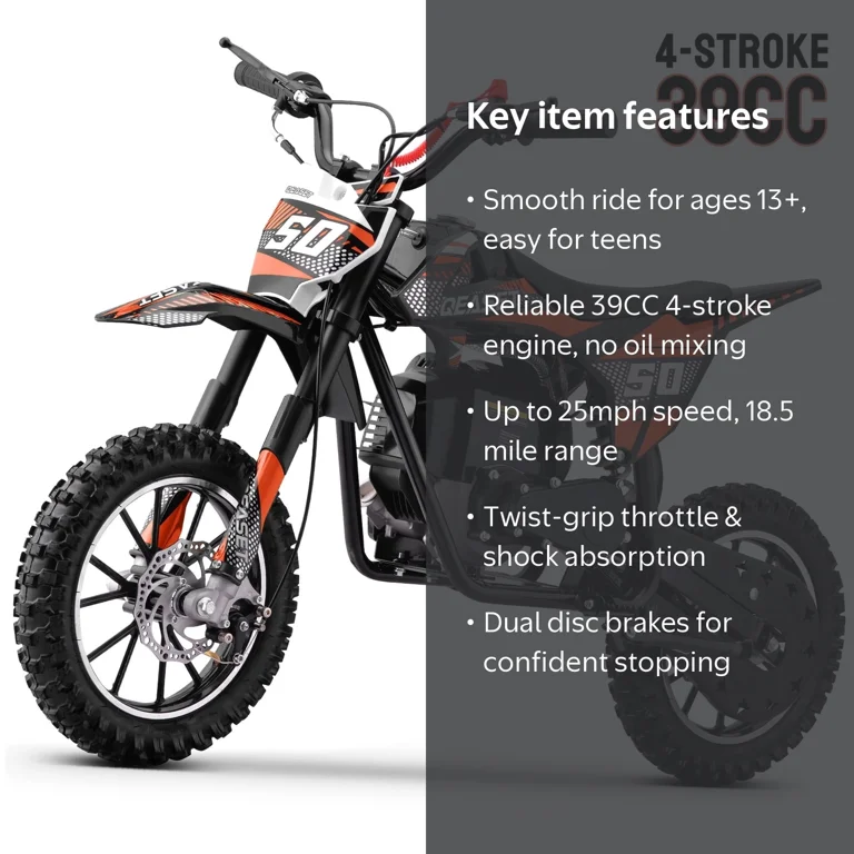 QEASET, Gas Dirt Bike for Adults & Teens, 39CC 4-Stroke, Orange