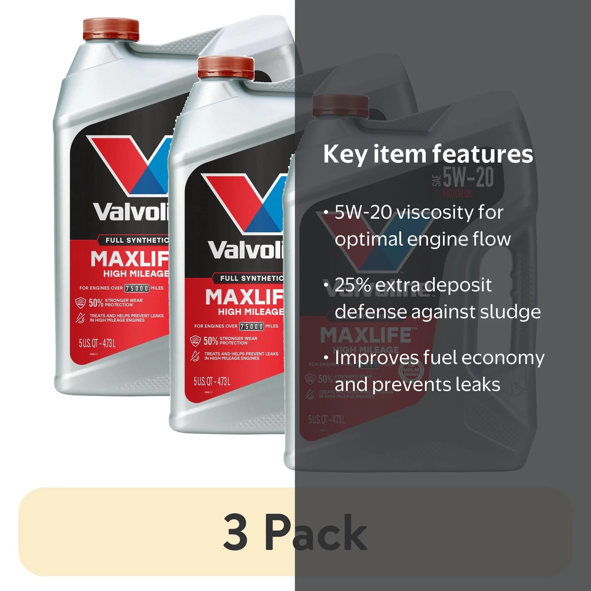 3 pack) Valvoline MaxLife Full Synthetic High Mileage 5W-20 Motor 