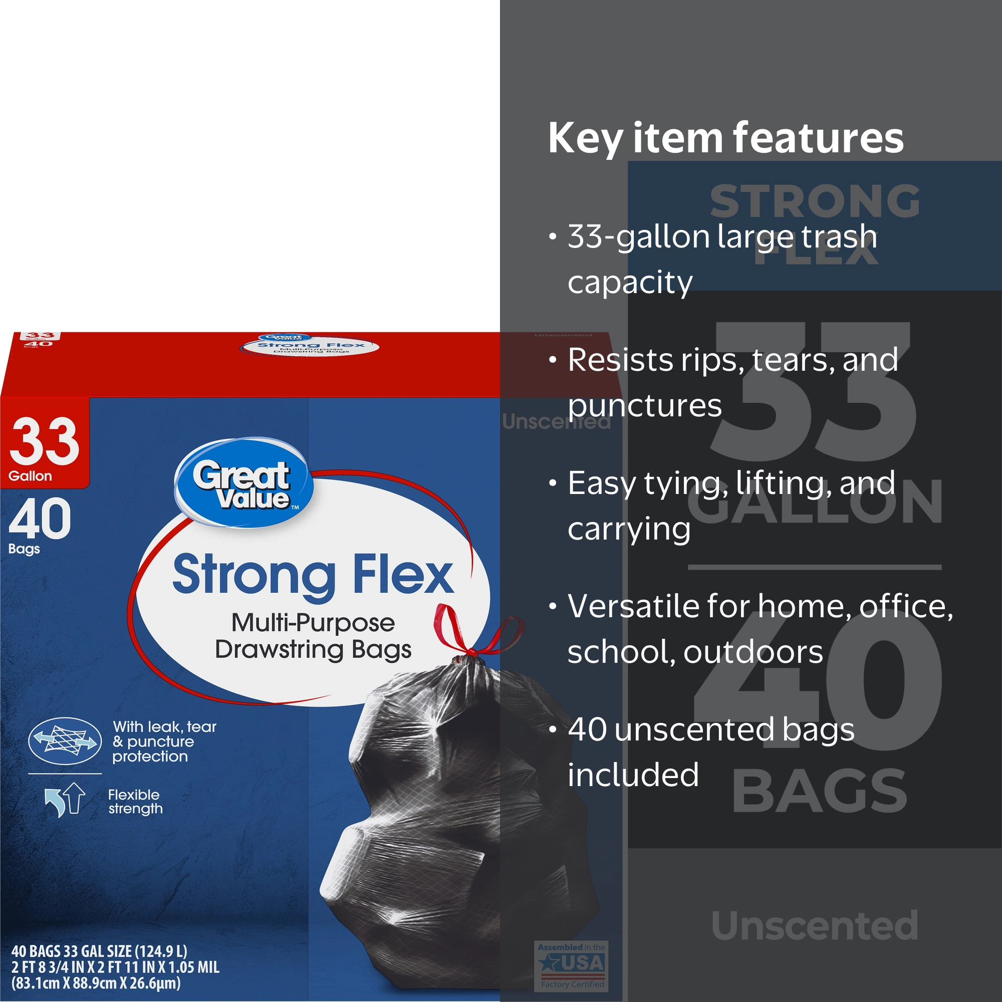 Great Value Strong Flex 33-Gallon Drawstring Multi-Purpose Trash
