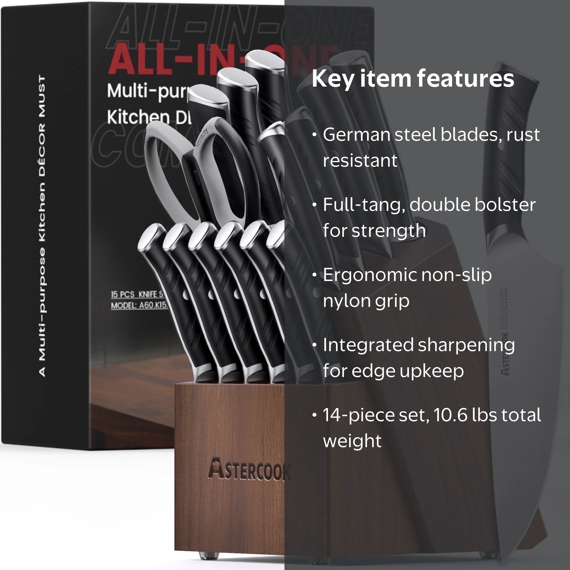 Free Shipping! Astercook Kitchen Knife Set 14-Piece with Block