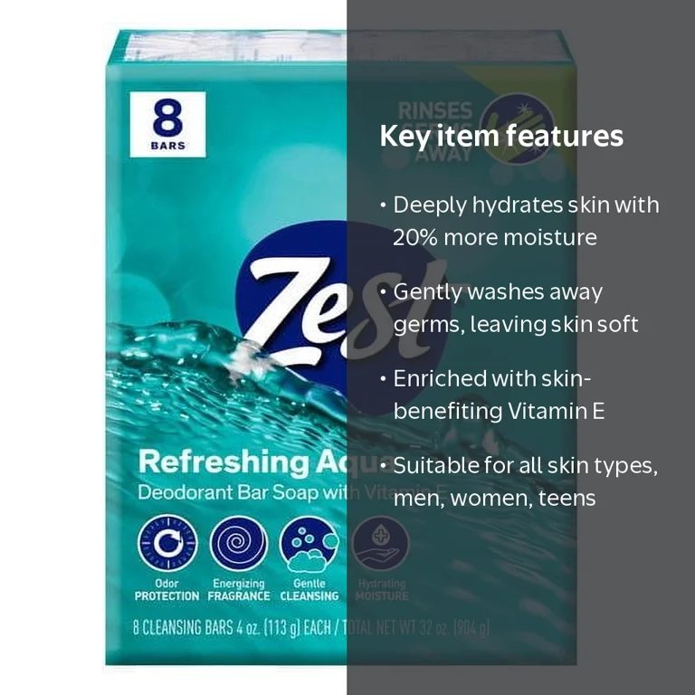 Zest, Deodorant Bar Soap, 4 oz, Hydrating Moisture for All Skin