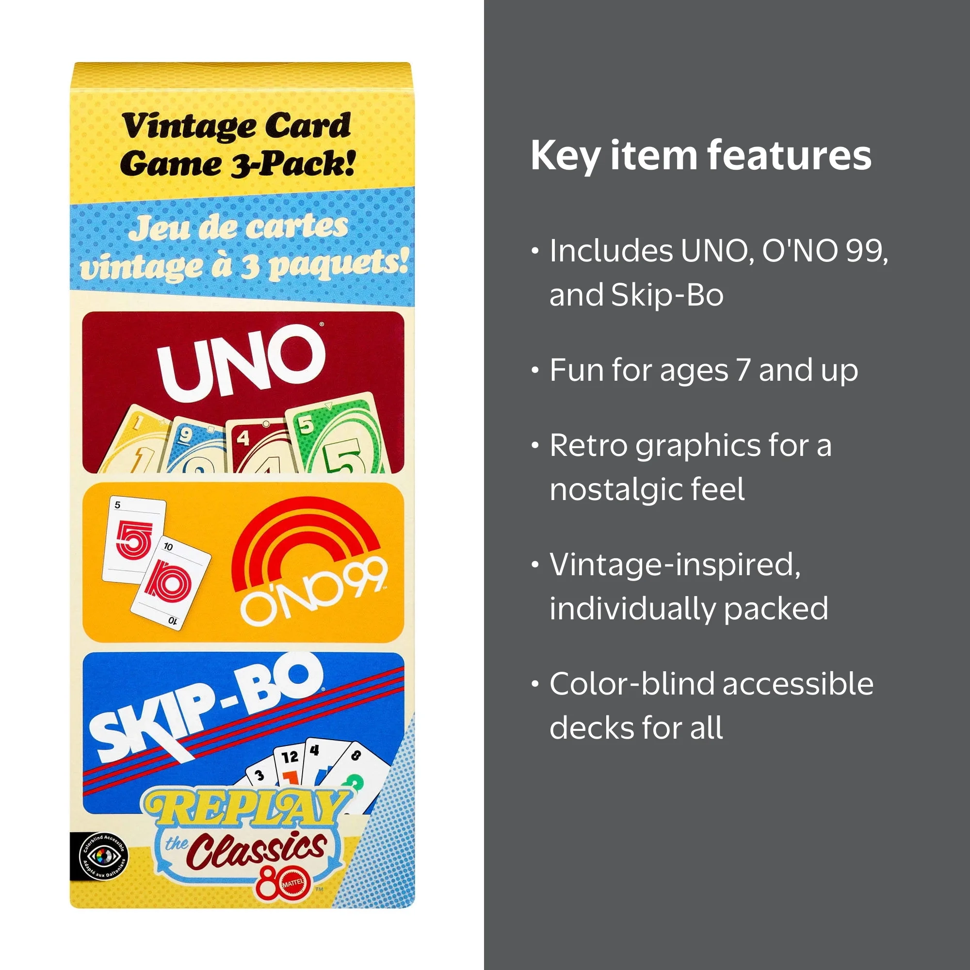 Vintage Set with 3 Card Games, UNO, O'NO 99 & Ski-Bo for Kid
