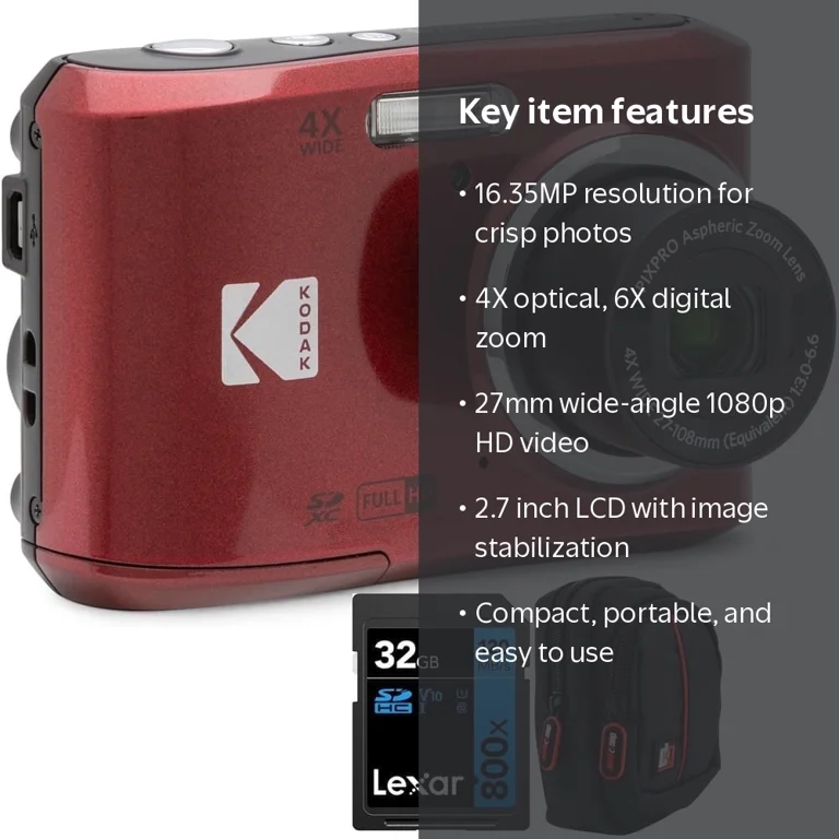 Kodak PIXPRO FZ45 16MP Digital Camera, Red with Lexar 32GB Memory