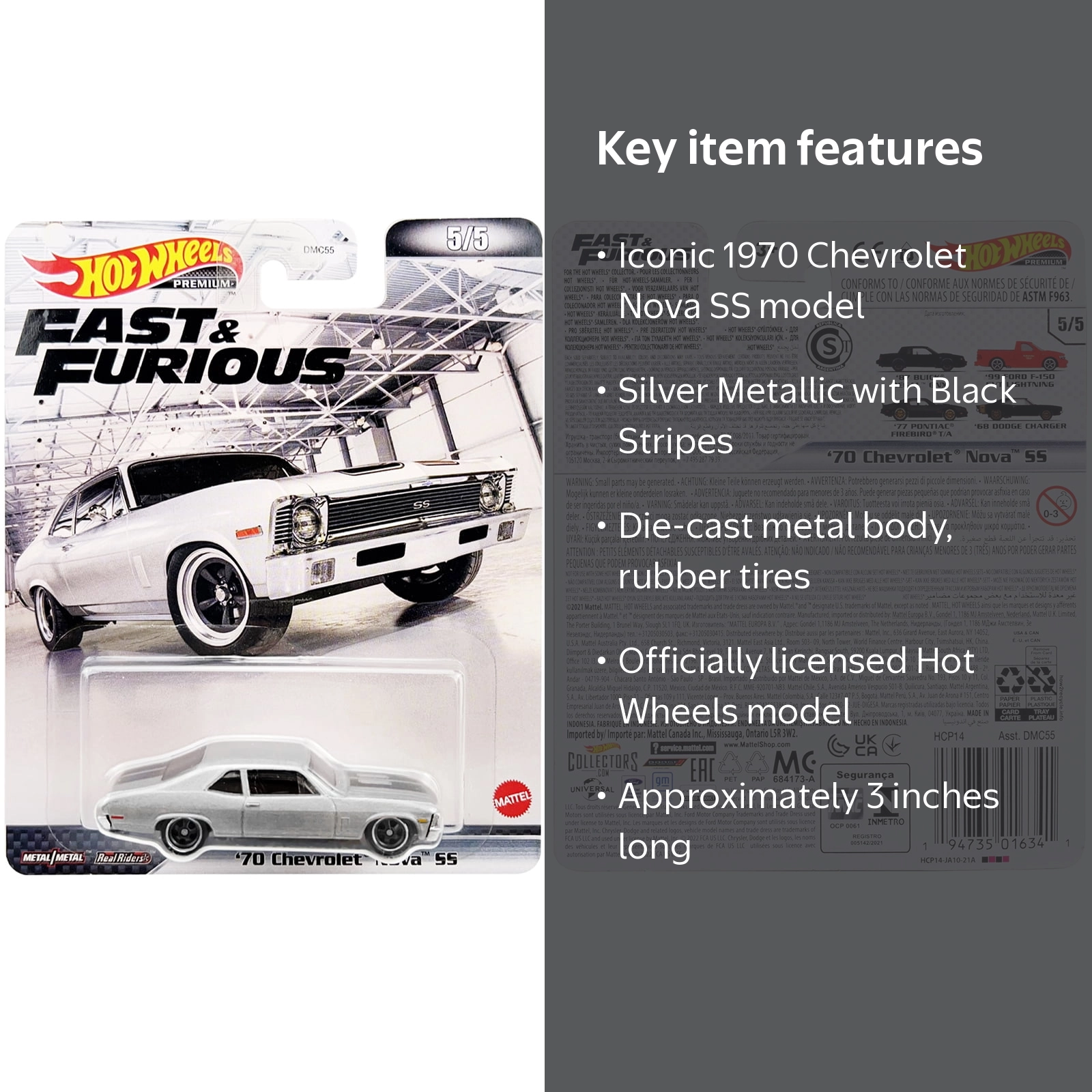 1970 Chevrolet Nova SS Silver Metallic with Black Stripes 