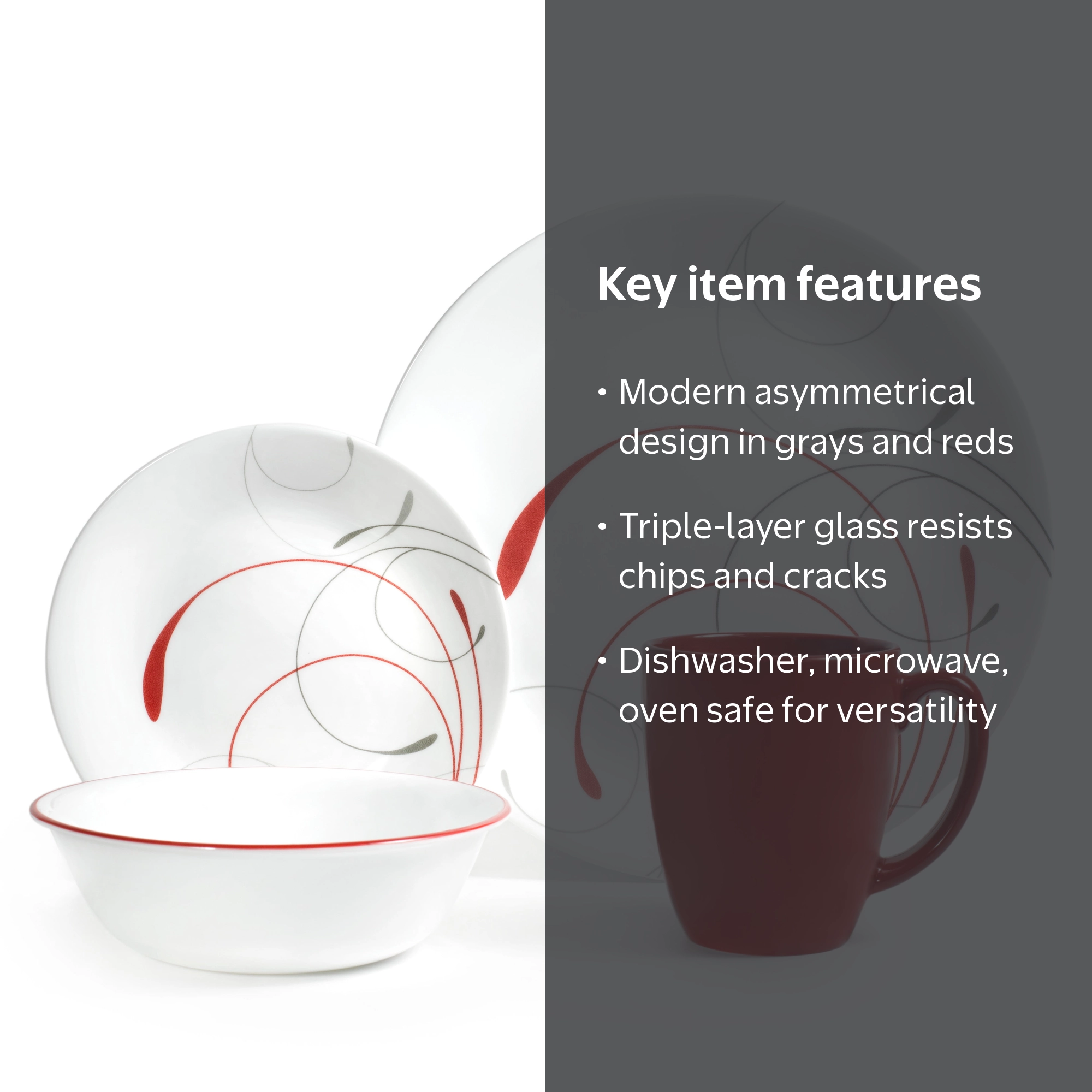 Corelle, Dinnerware Set, 16-Piece, Splendor with Gray and Red
