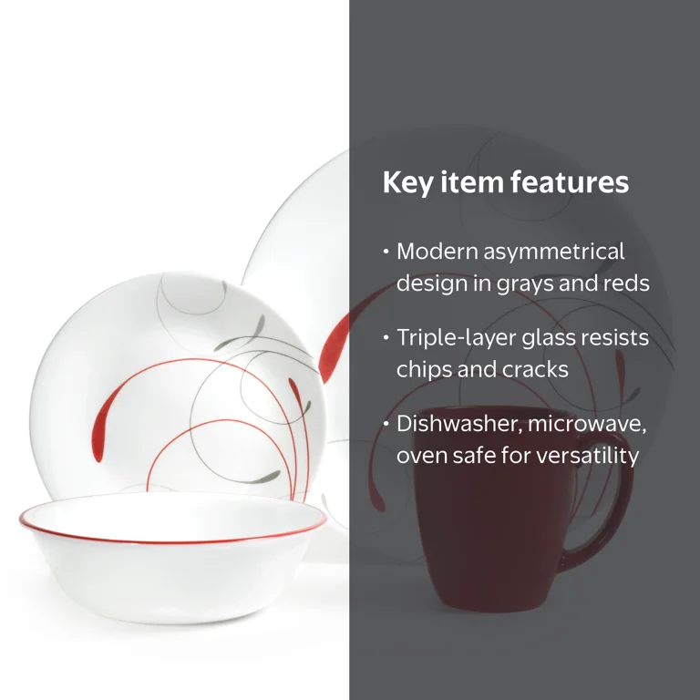 Corelle, Dinnerware Set, 16-Piece, Splendor with Gray and Red