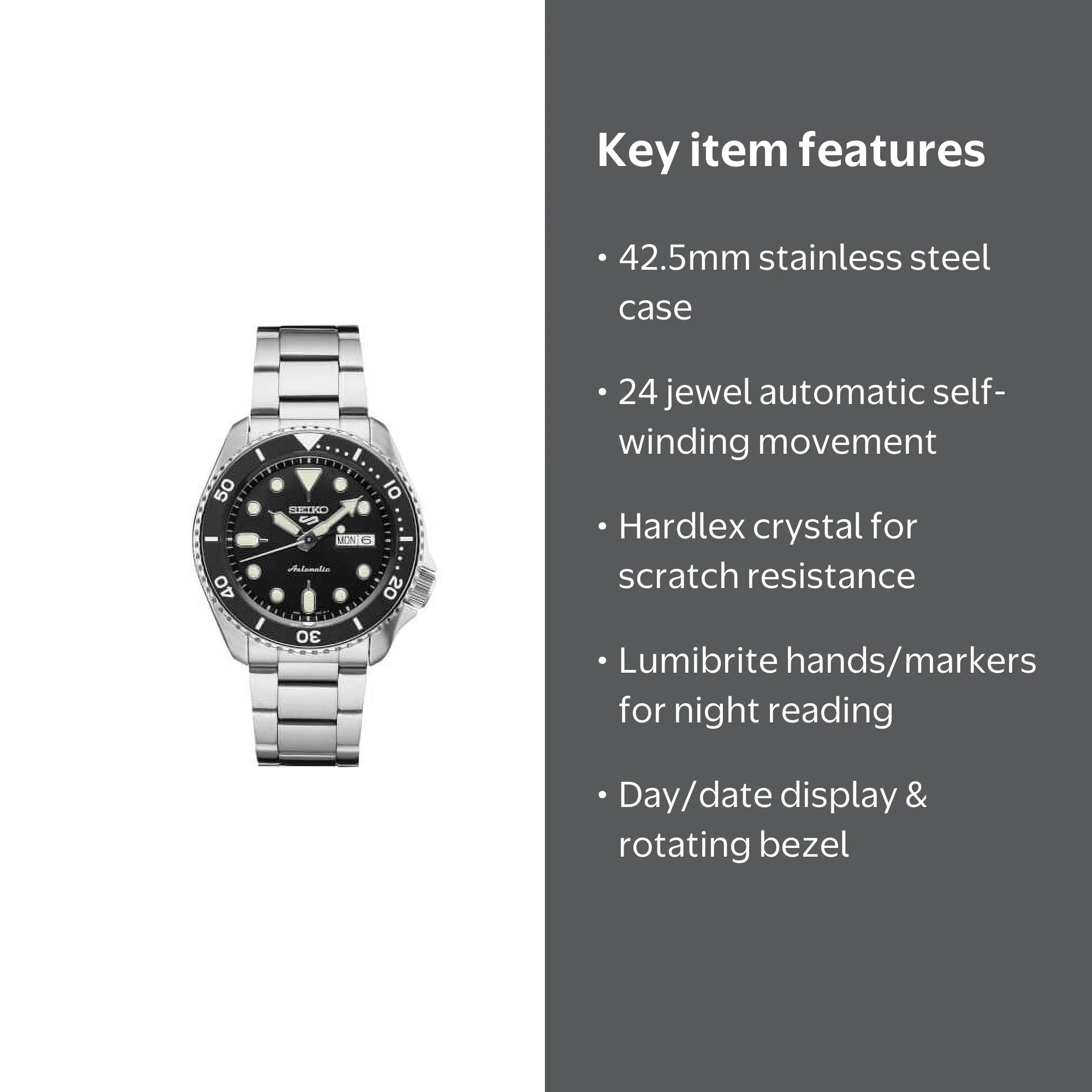 Seiko Men's 5 Sports Automatic Steel Watch, Black Dial, 42.5mm