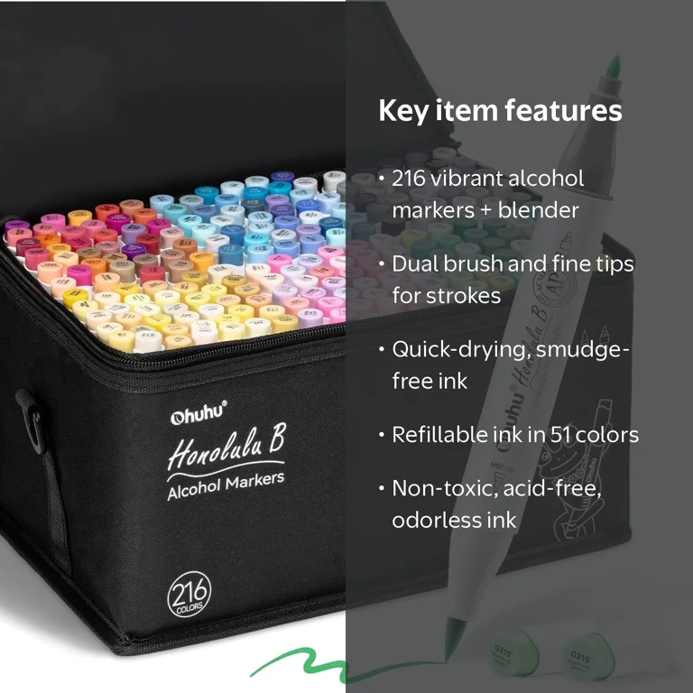 Ohuhu, Markers, 216-Color Dual Tip Art Set with Refillable Ink Ohuhu, Markers, 216-Color Dual Tip Art Set with Refillable Ink