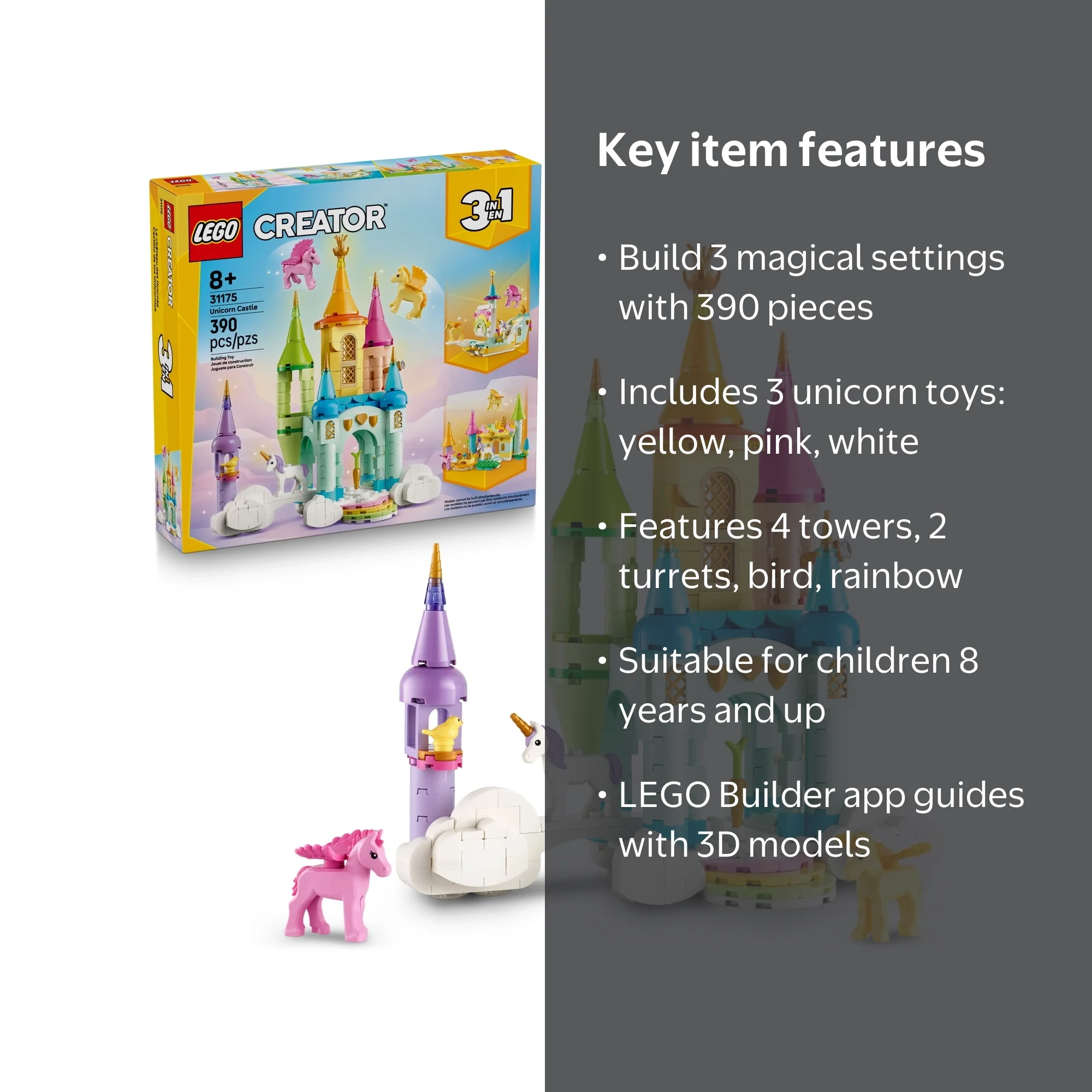 LEGO, Creator 3 in 1 Unicorn Castle, 31175, Fantasy Play Set