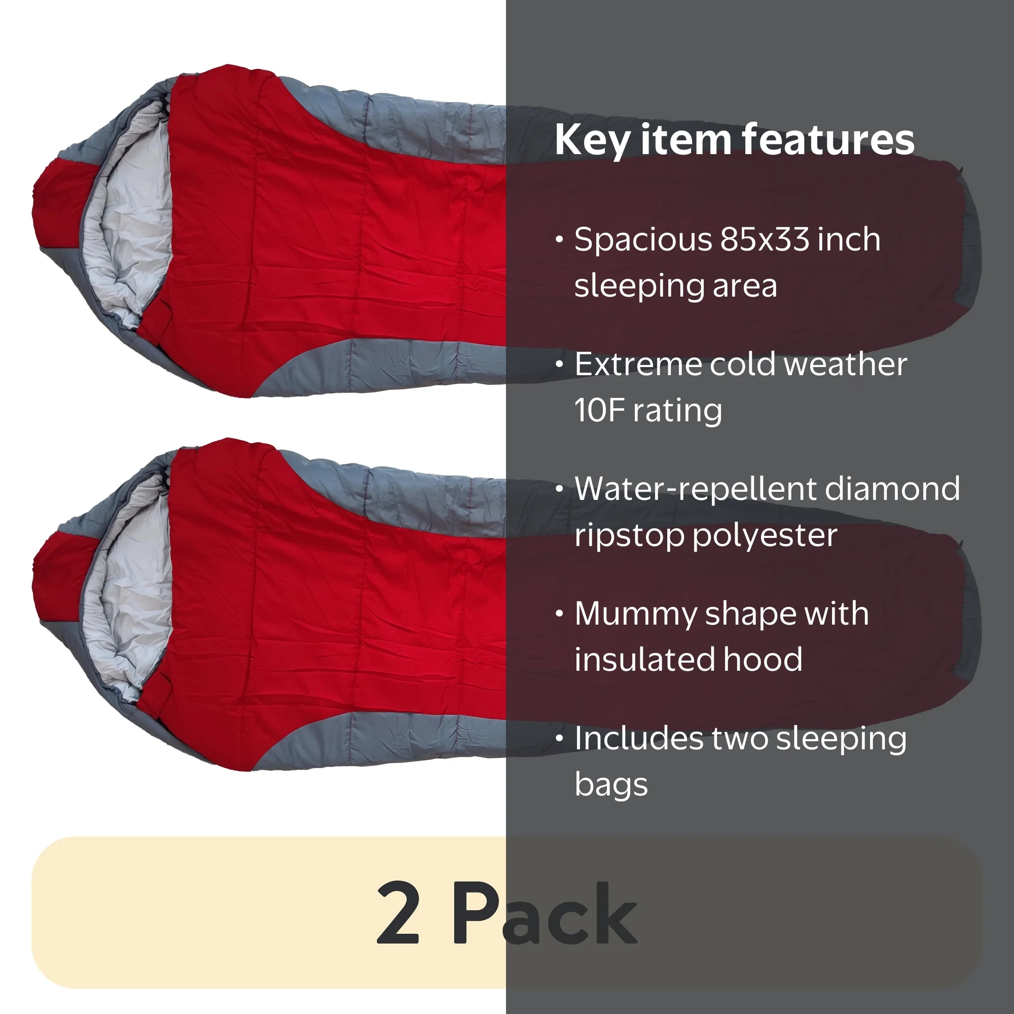 2 pack) Ozark Trail 10-Degree Cold Weather Mummy Sleeping Bag with
