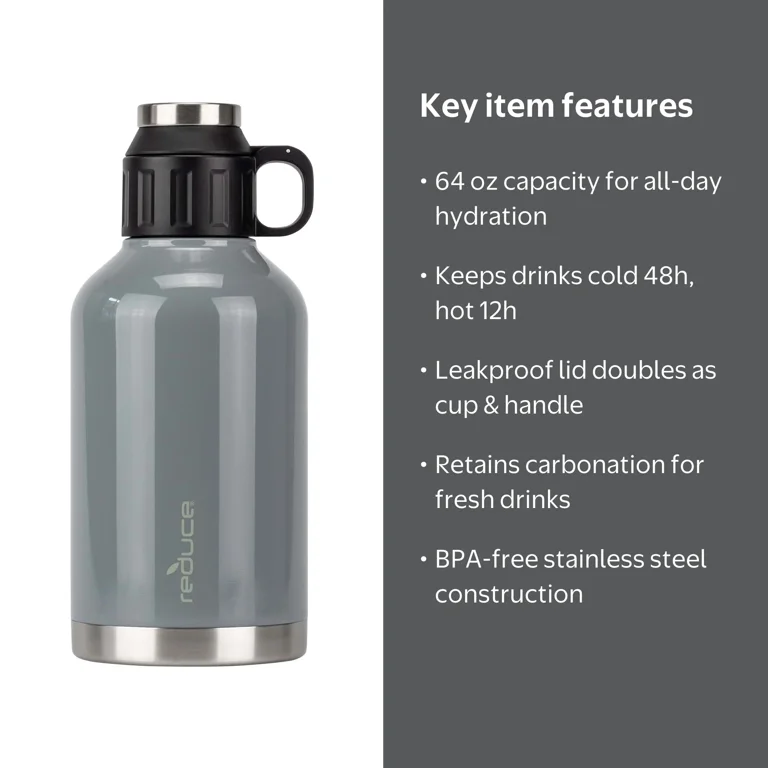 Reduce Stainless Steel Insulated Growler, 64oz Opaque Gloss Gray