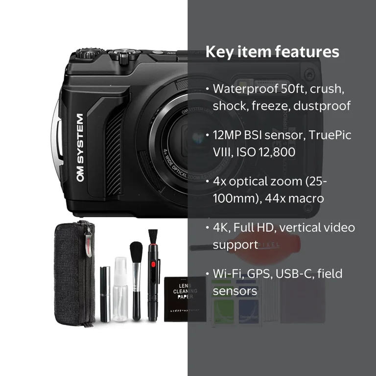 OM SYSTEM Tough TG-7 Black Underwater Camera, Waterproof, Freeze