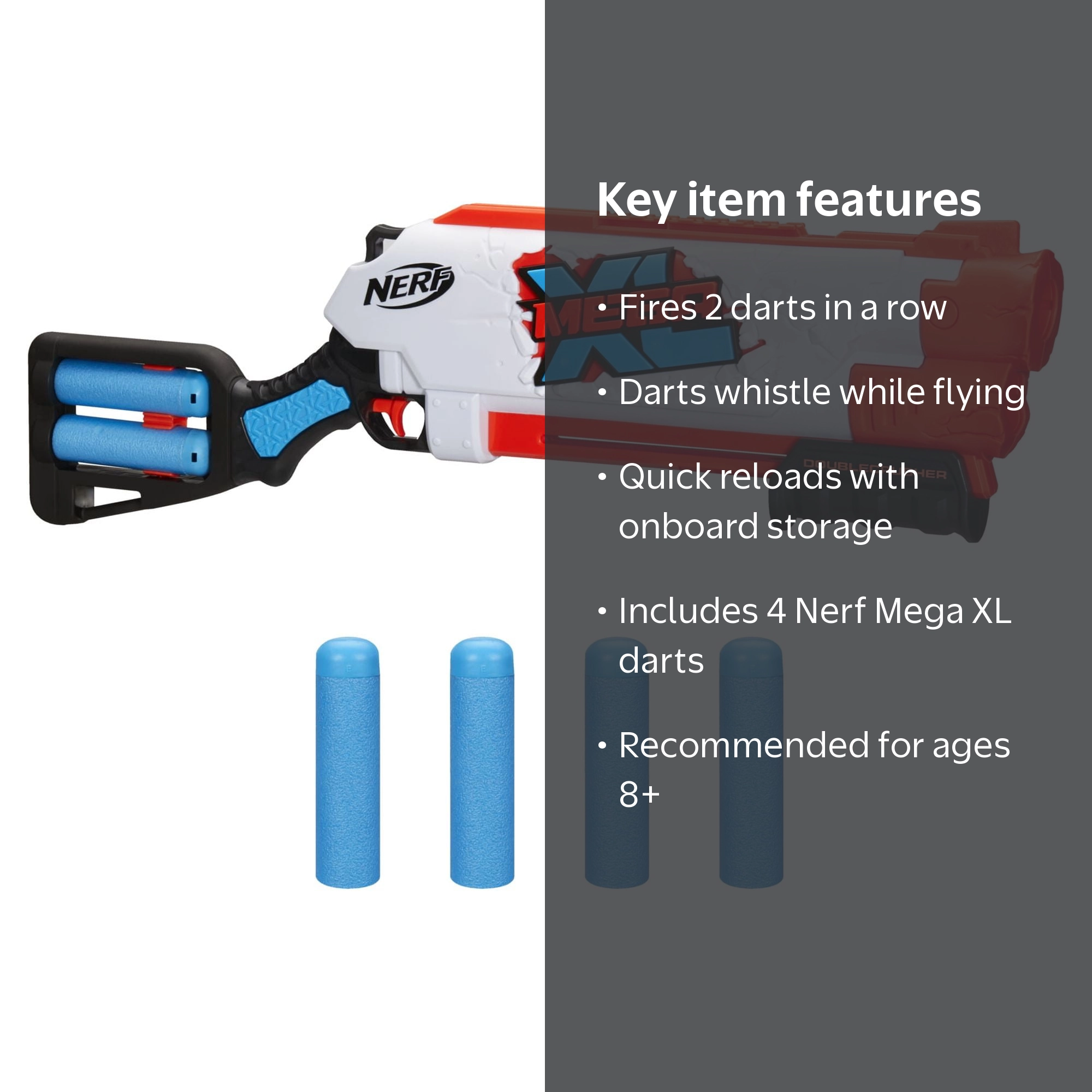 Nerf Mega XL Double Crusher Dart Blaster with Whistling Darts for