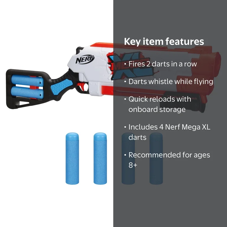 Nerf Mega XL Double Crusher Dart Blaster with Whistling Darts for