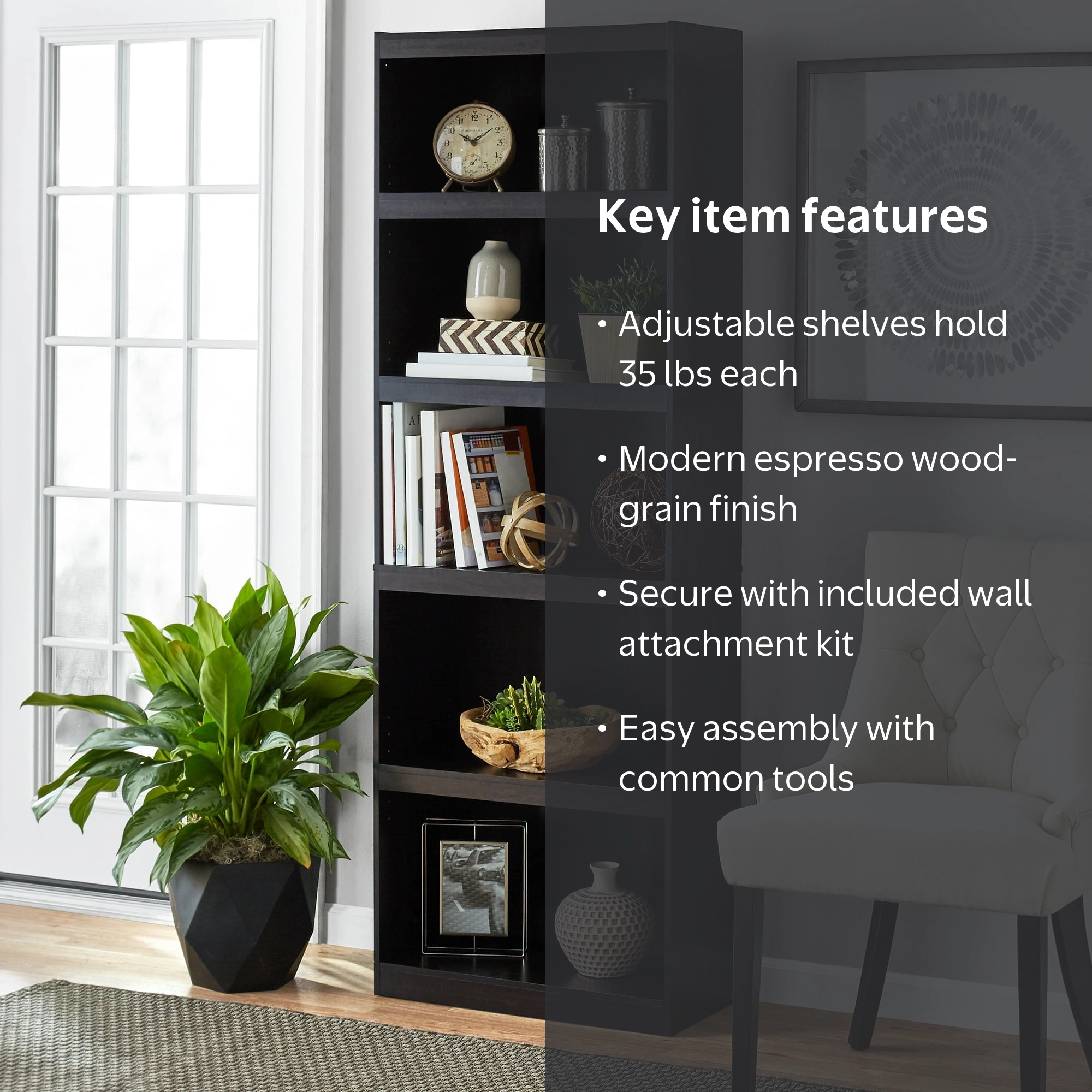 Mainstays Framed 5-Shelf Bookcase with Adjustable Shelves