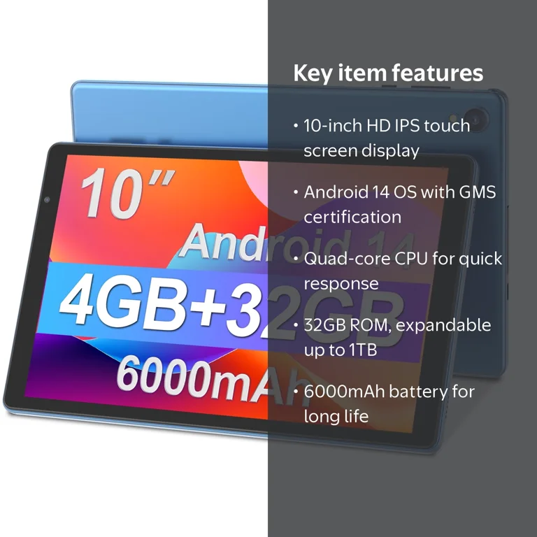 Tedupee, Android Tablet, 10 inch Android 14, Quad-core CPU, 4GB