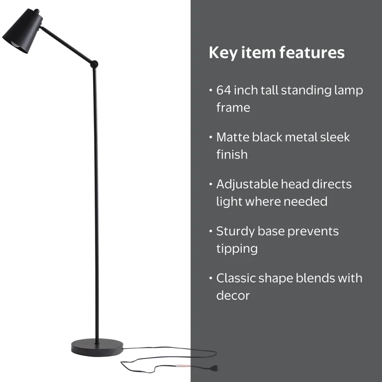 Free Shipping! Mainstays 64 Inch Black Architect Floor Lamp, Matte