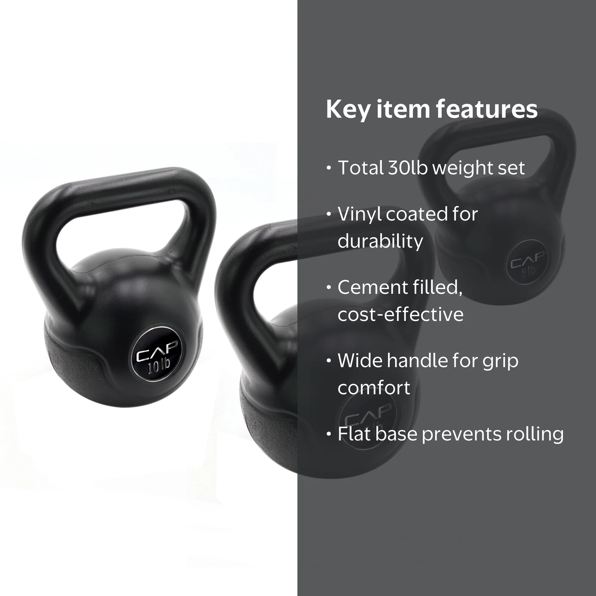 CAP Barbell 30lb Vinyl Kettlebell Set (5, 10, 15 lbs), Black
