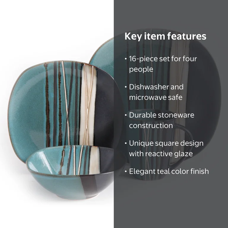 Better Homes & Gardens Bazaar Dinnerware Set, Teal, 16-Piece