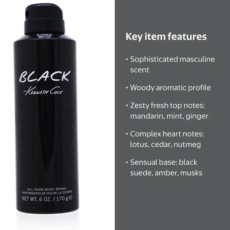 Kenneth Cole Black Body Spray for Men, 6 oz, Woody Aromatic