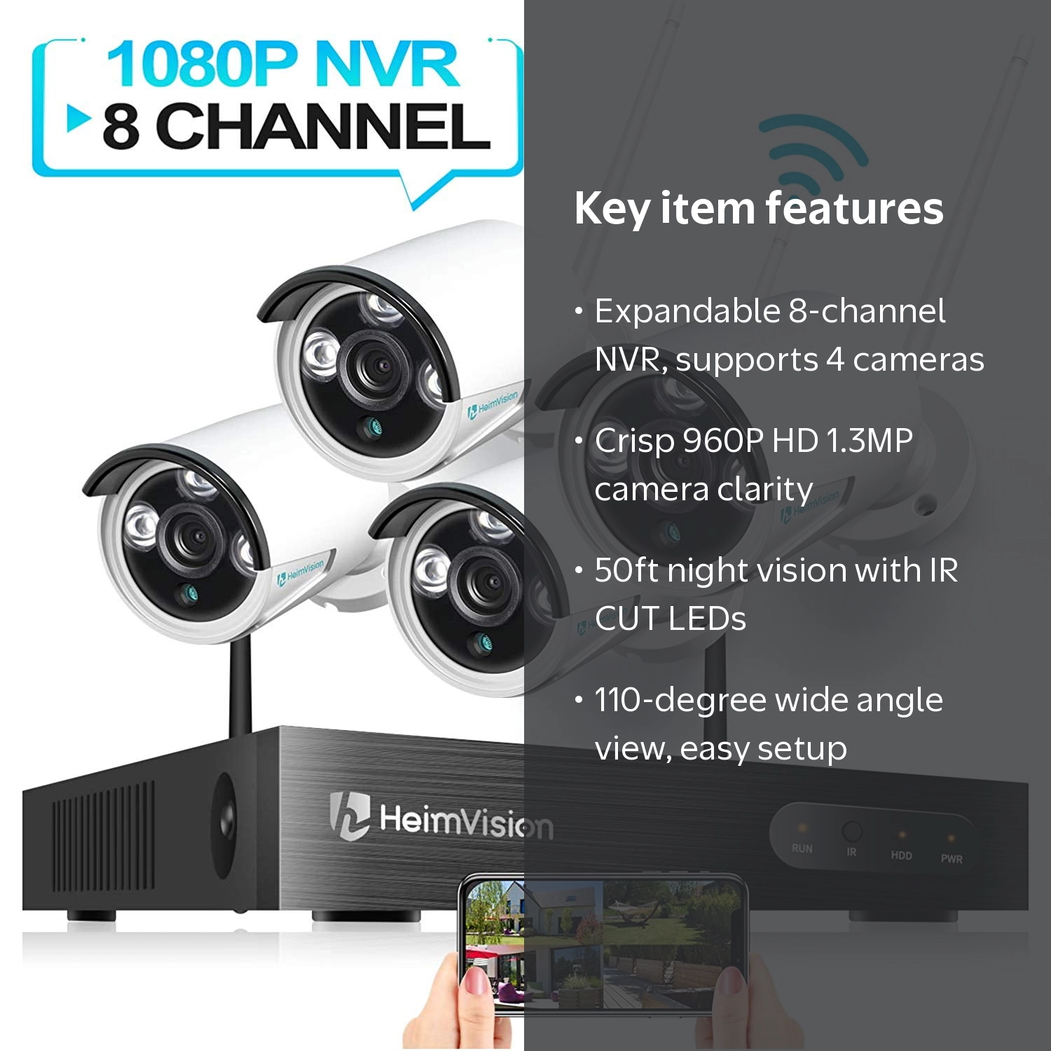HeimVision HM241 8CH 1080P NVR, 4pcs 960P WIFI IP Cameras, Indoor