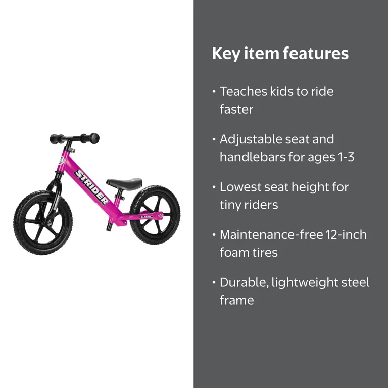 Strider 12 Classic Bike, Pink - No Pedal Balance Bicycle for Kids