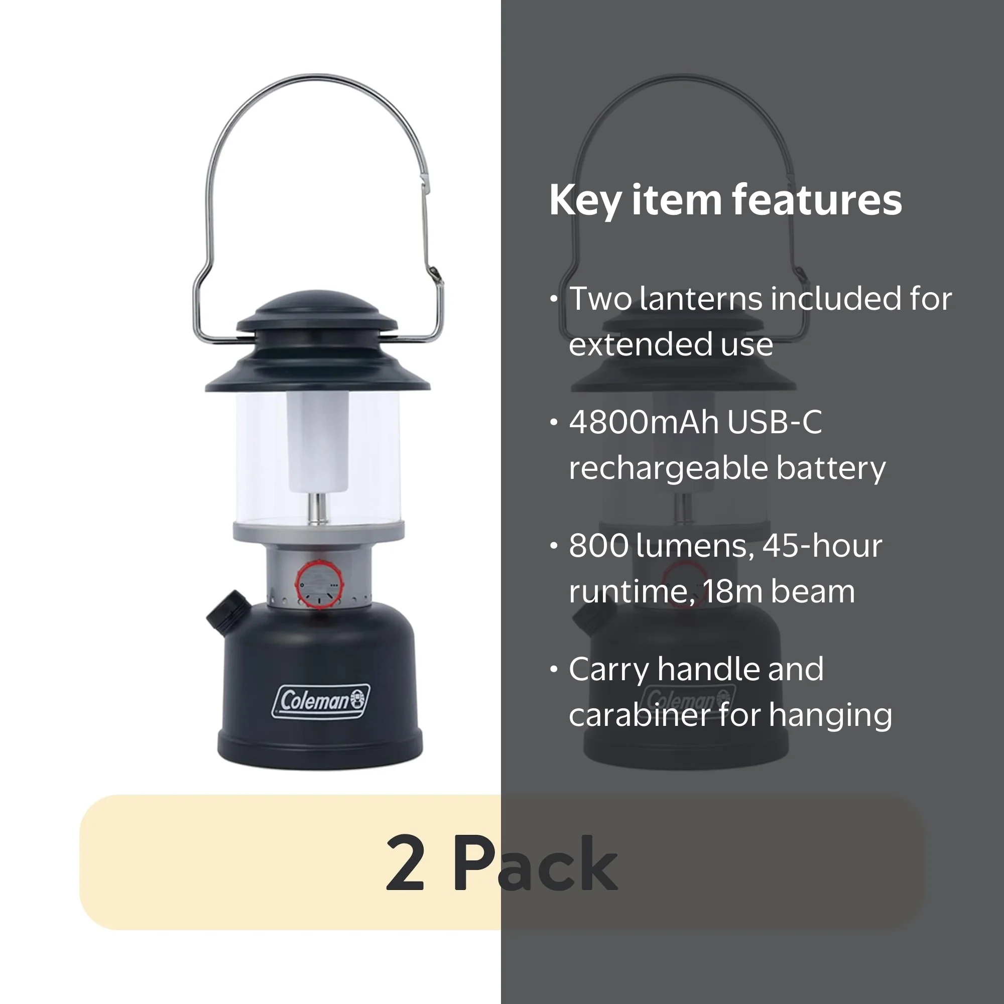 2 pack) Coleman Classic Recharge LED Lantern - 800 Lumens - Black