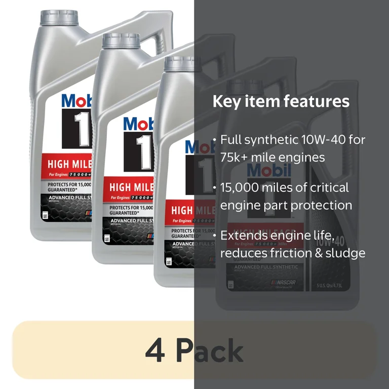 4 pack) Mobil 1 High Mileage Full Synthetic Motor Oil 10W-40, 5