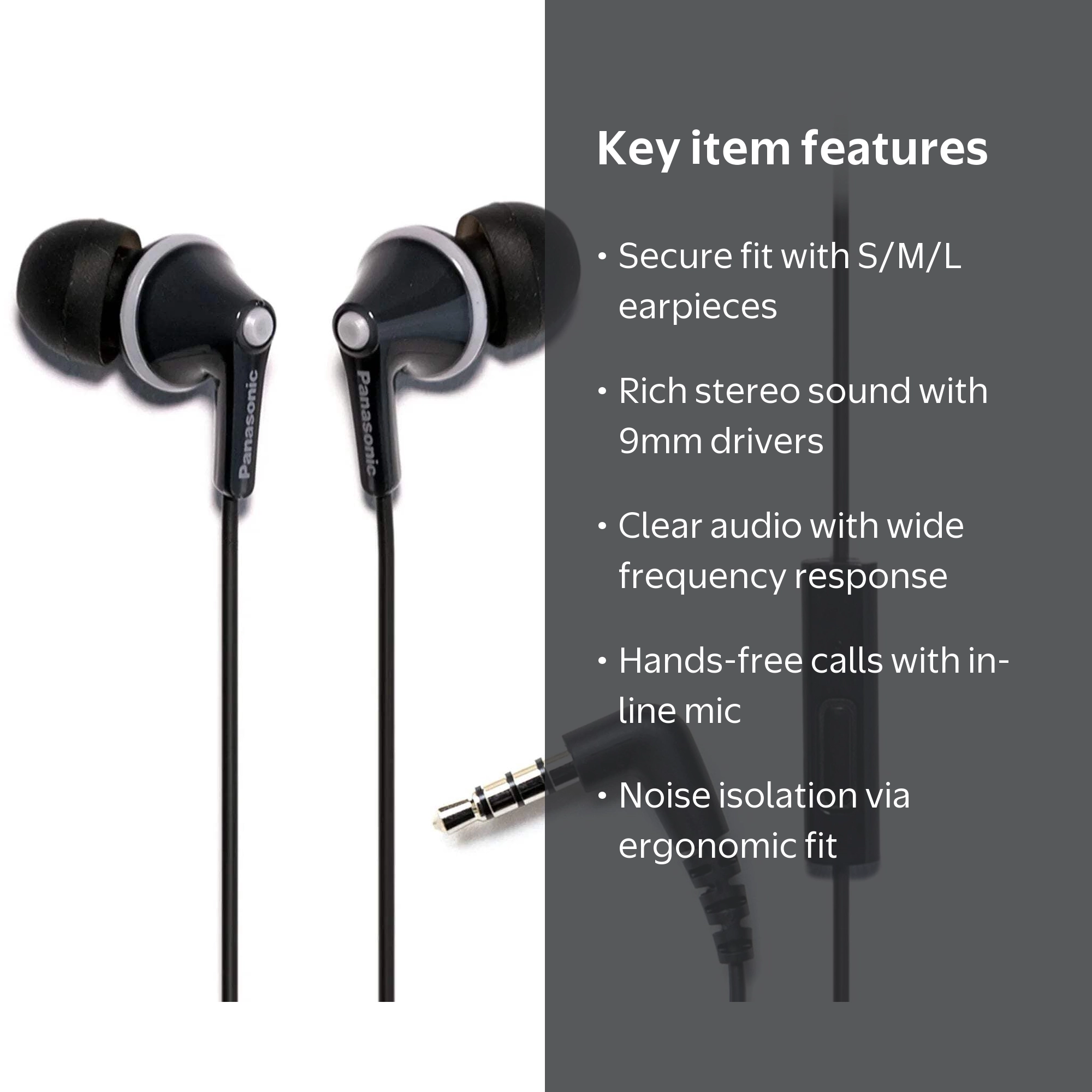 Panasonic, Earbud Headphones with Microphone, RP-TCM125, Black