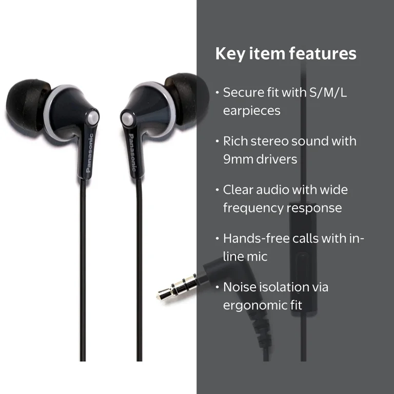 Panasonic, Earbud Headphones with Microphone, RP-TCM125, Black