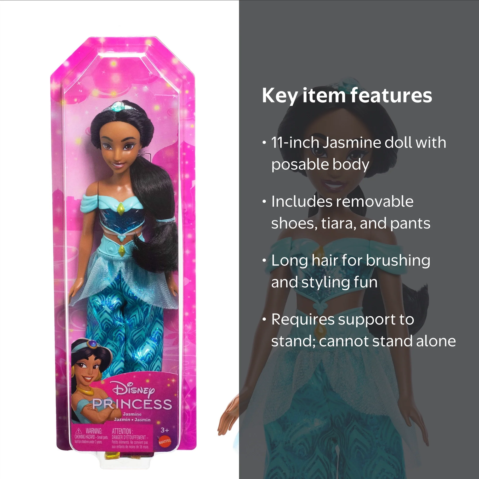 Disney Princess Jasmine 11 Inch Fashion Doll with Black Hair Brown Eyes  Tiara
