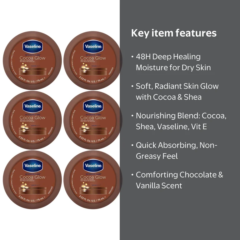 Vaseline, Cocoa Glow Body Cream, 6-Pack, 2.53 Fl Oz Ea - Walmart.com