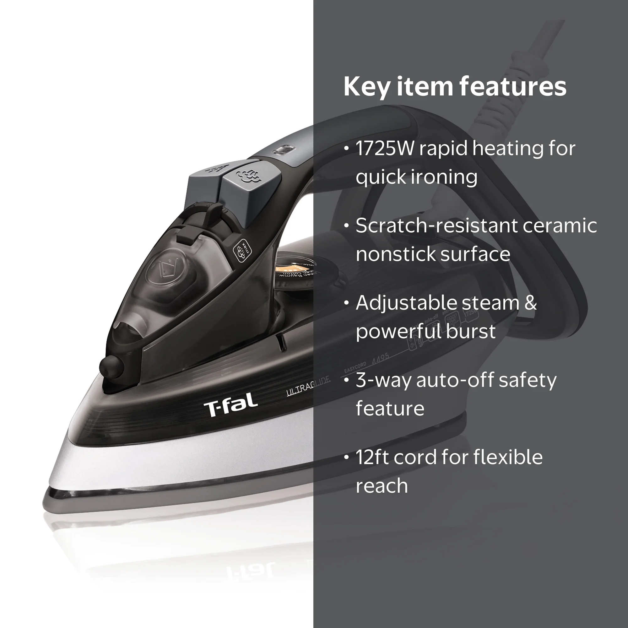 T-Fal Ultraglide Easy Cord Iron, Black and Silver - Walmart.com