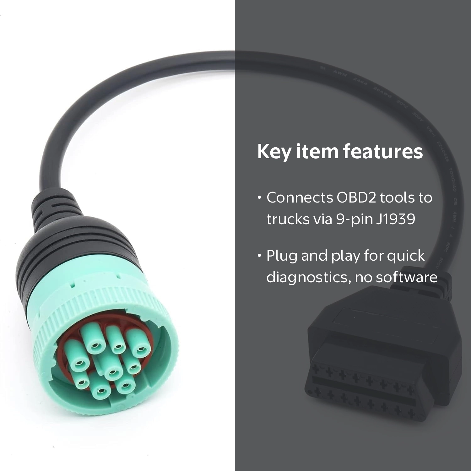 9 Pin Type 2 J1939 to 16 Pin Female OBD2 Adapter Cable for Heavy