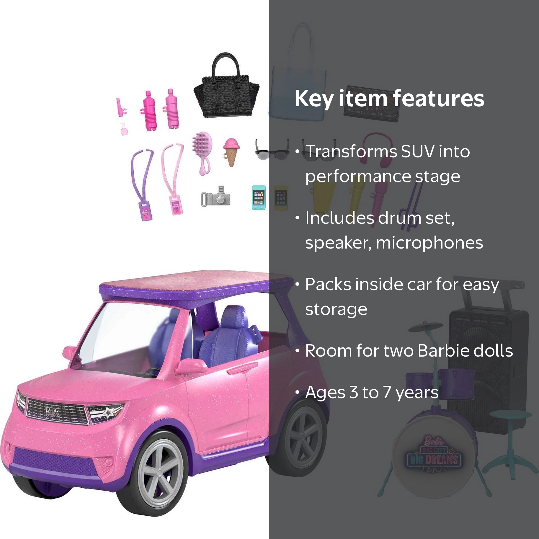 Barbie Vehicle Playset, Pink and Purple Transforming SUV with Drum
