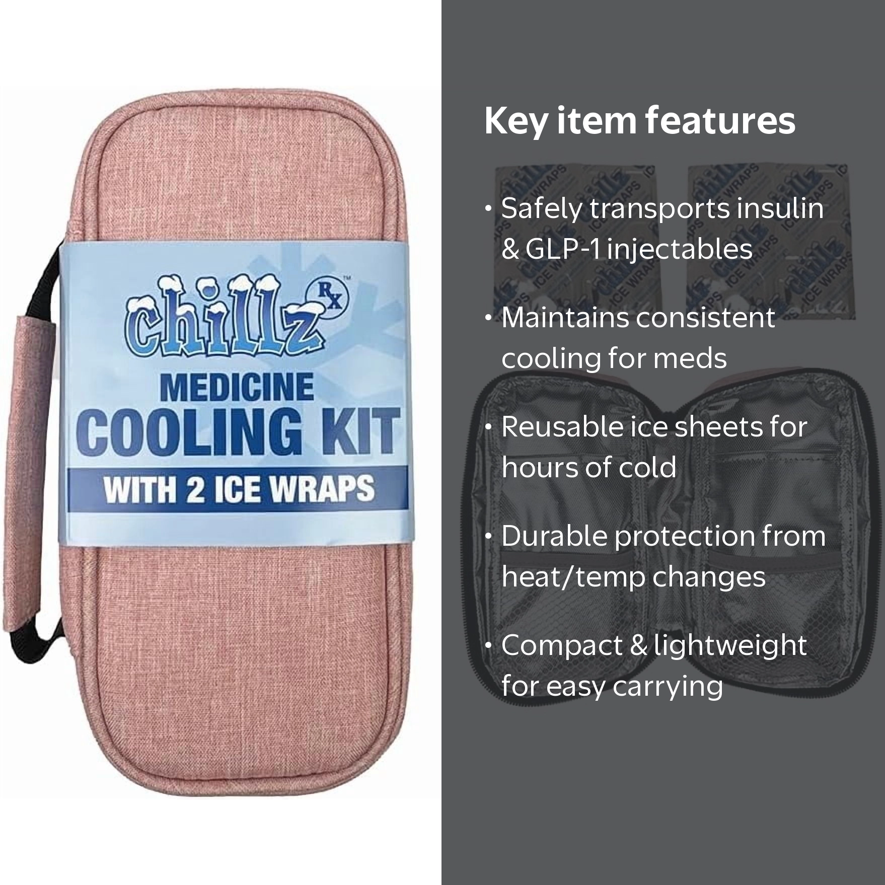 CHILLZ Pink Rx Medication Bag with 2 Reusable Ice Wrap Sheets