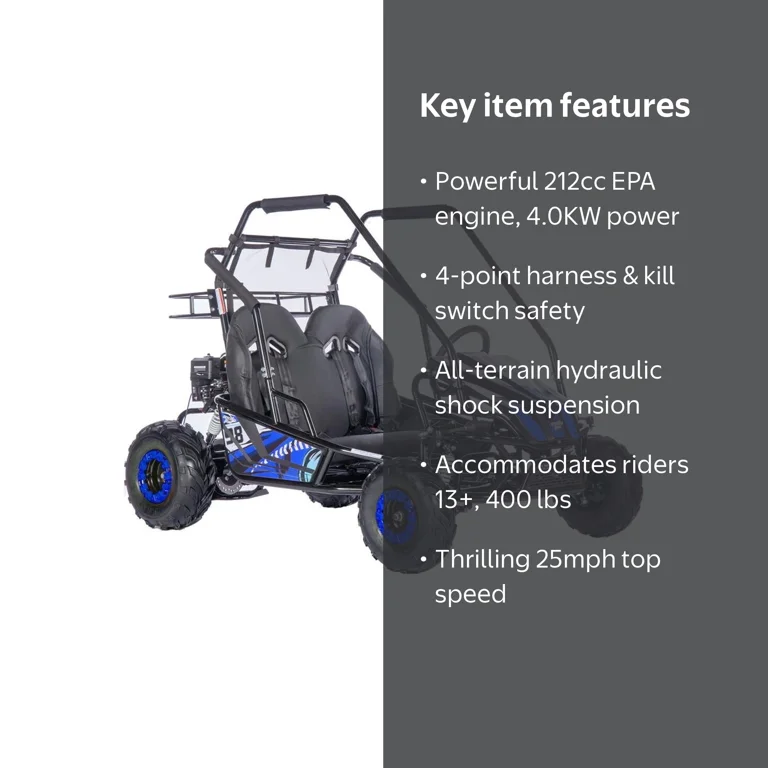MotoTec Mud Monster XL 212cc 2 Seat Go Kart, Full Suspension, Blue