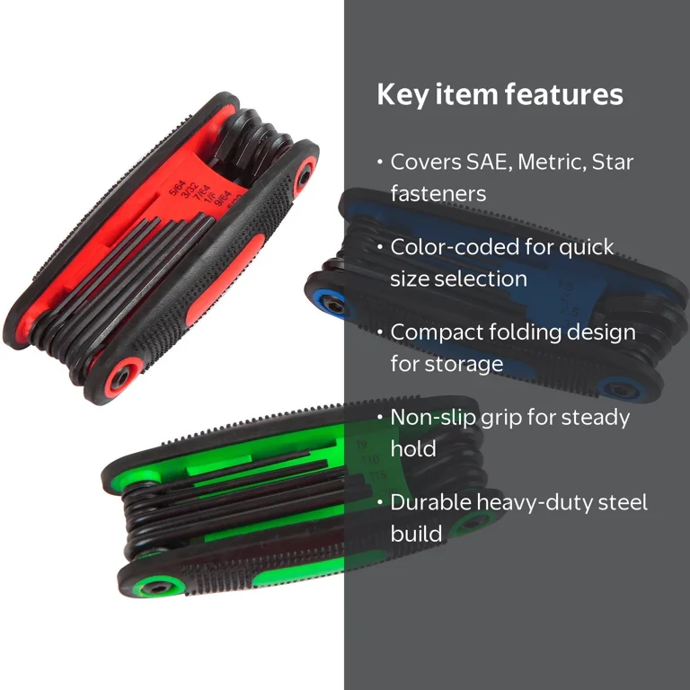 Hyper Tough Folding Hex Key Set, 3-Pack, SAE, Metric, and Star
