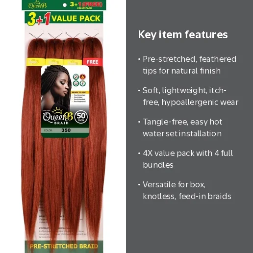 QueenB 4X Value Pack Pre-Stretched Braiding Hair 50