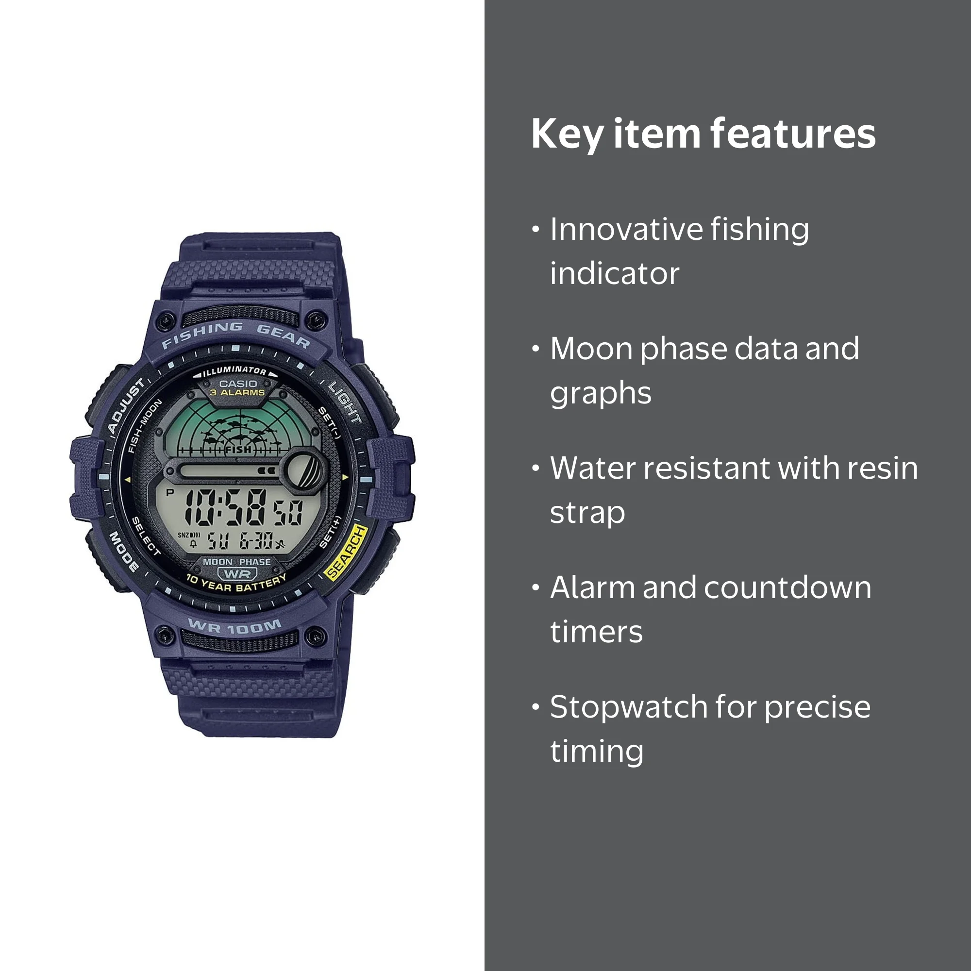 Casio, Fishing Timer and Moon Graph Watch, Blue, Moon Phase Data