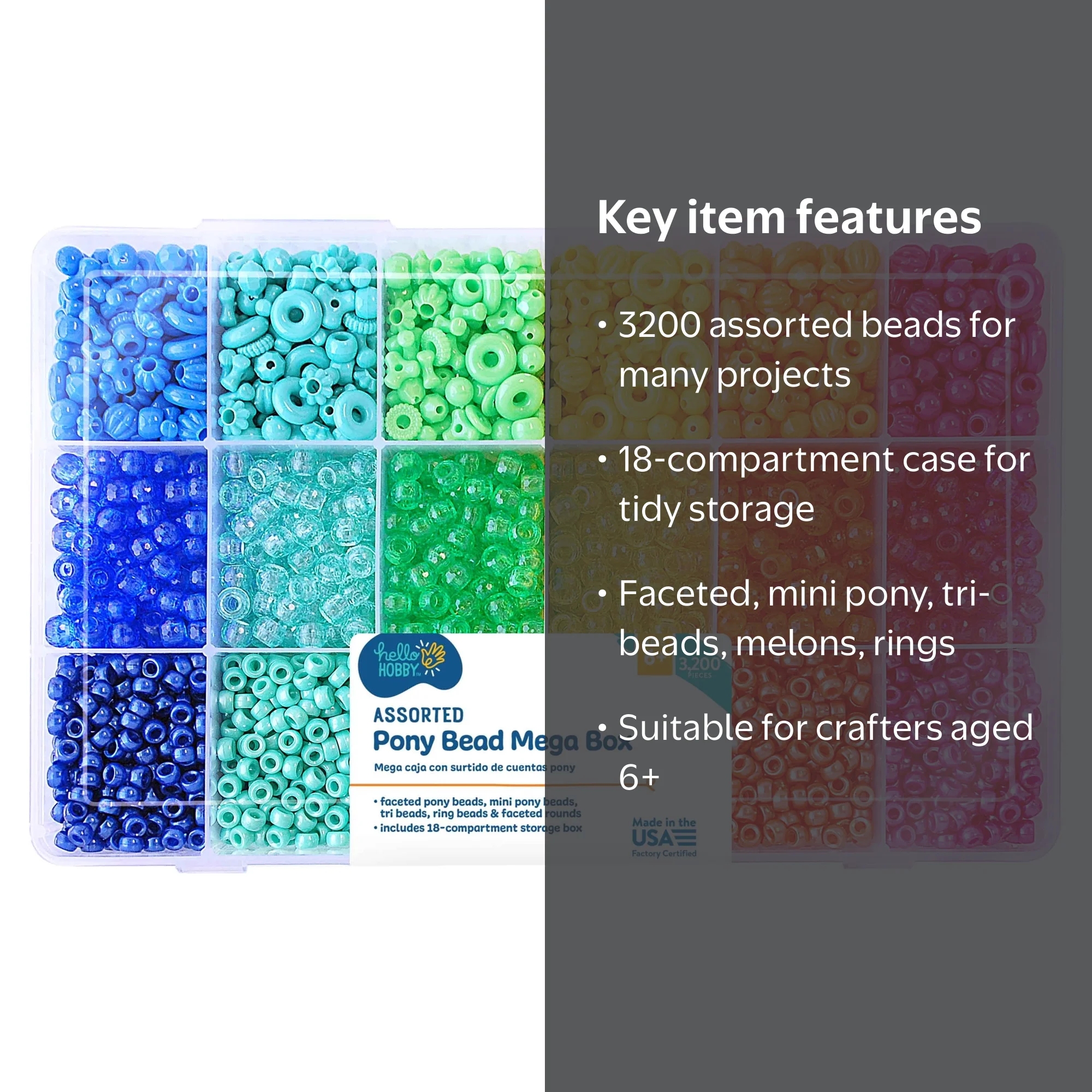 Hello Hobby Rainbow Bead Box 3200 Pieces with Assorted Shapes and