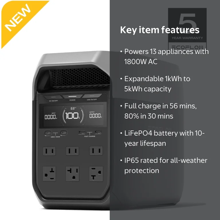 EF EcoFlow, Delta 3 Portable Power Station, 1800W AC, Solar
