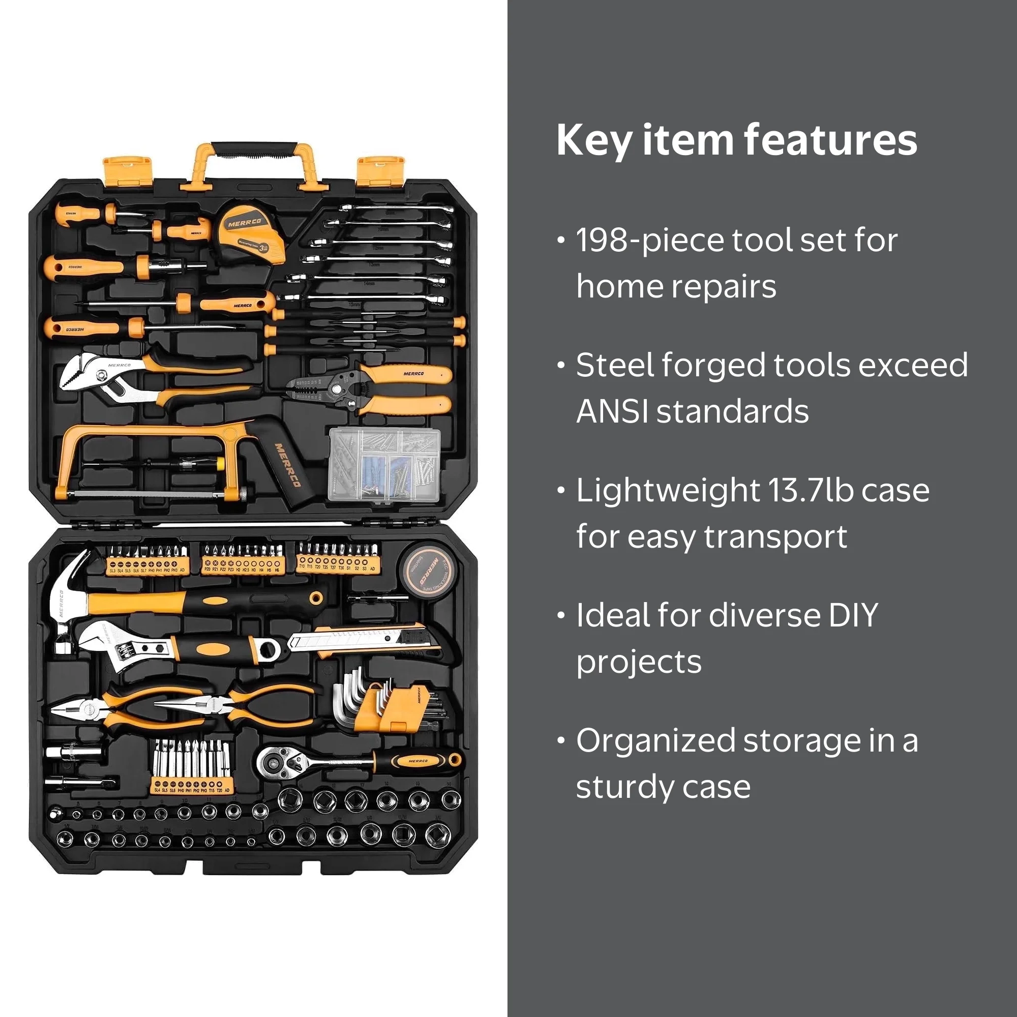 ②DEKO 工具セット DKMT198 全198点 DEKO 198 Piece Home Repair Tool Kit, Wrench Plastic Toolbox with