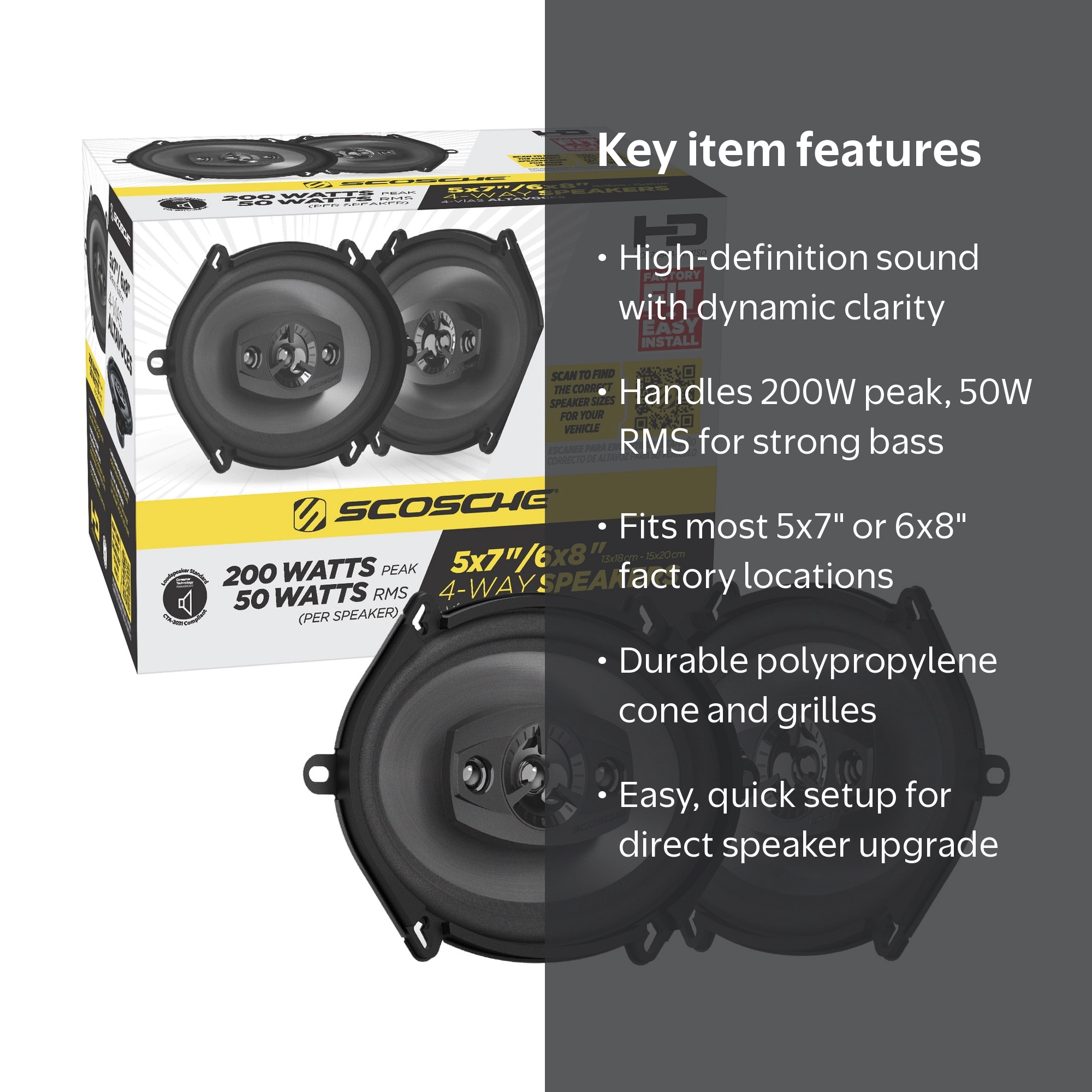Scosche, Car Audio Speakers, 5x7, 4-Way 200W Peak Power Black