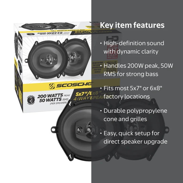 Scosche, Car Audio Speakers, 5x7, 4-Way 200W Peak Power Black