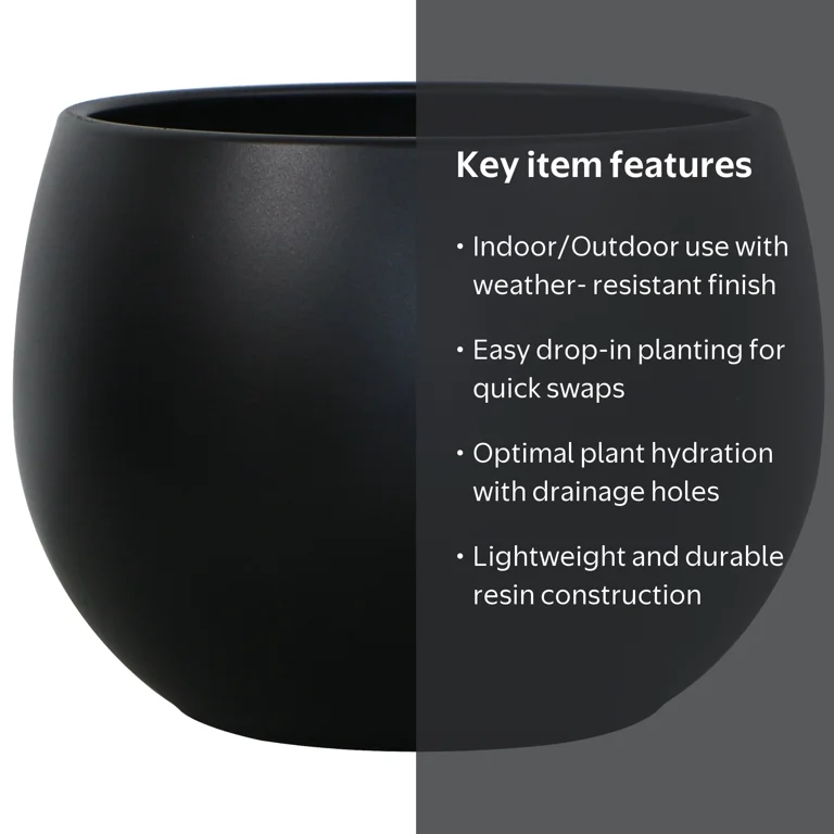 Mainstays Jordan Medium Round Resin Planter, Rich Black, 8 in x 8